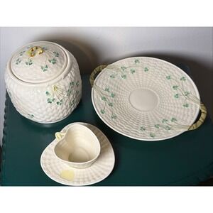 Vintage Belleek Biscuit Jar Biscuit Plate Teacup Set Cottagecore Ireland RARE